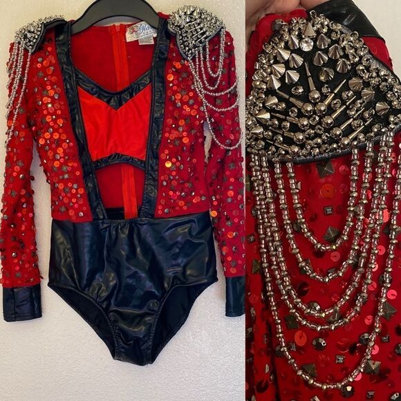 Glamour mature faux leather red goth grunge studed Dance Custom solo costume LA - Picture 3 of 15
